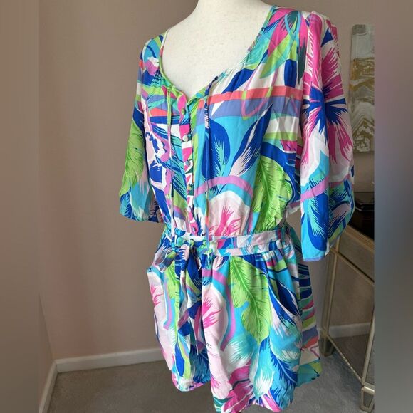 Yumi Kim 100% silk romper tropical  pockets, tie sleeves and button detail. L - Picture 2 of 16